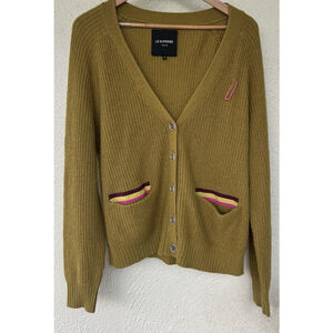 Le Superbe Mustard V-Neck Ribbed Cardigan Sweater Wool Cashmere Women’s Medium